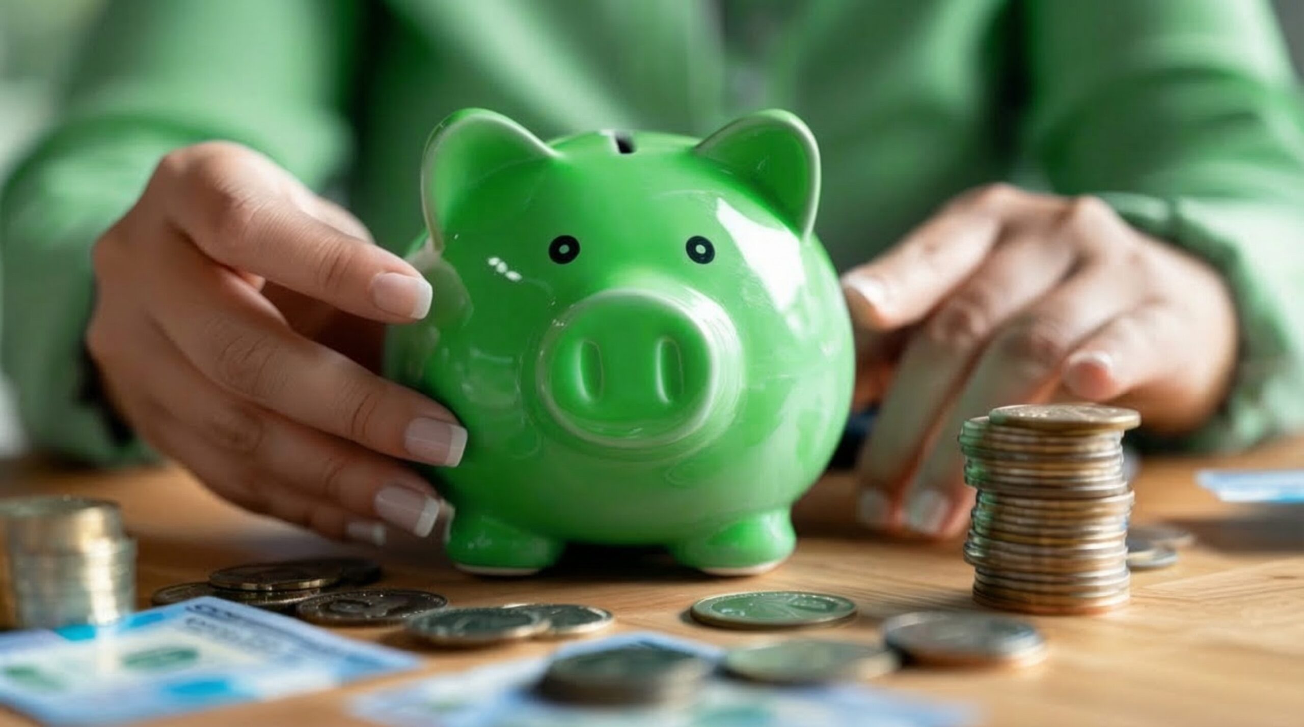 A person holding a blue piggy bank